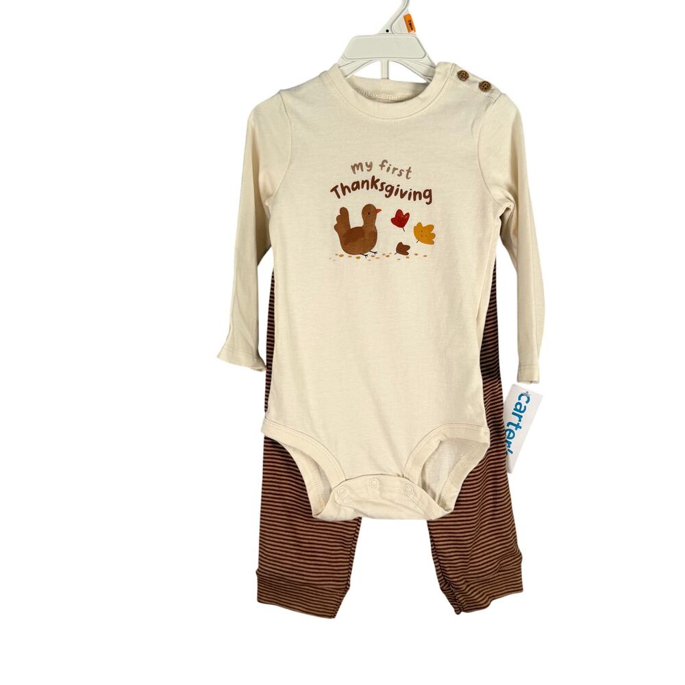 Carters 2pc Outfit 12M My First Thanksgiving Cream with Turkey Tan Striped Pants